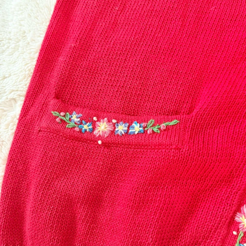 Red Floral Cardigan | Cottagecore Embroidery Ramie Cotton Knit Grandma Core - Picture 8 of 12
